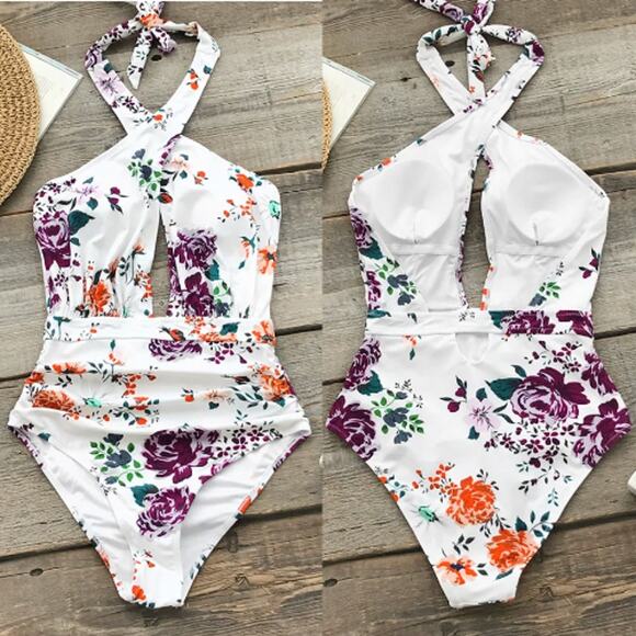 Cupshe | NWT White Floral Print Ruched Halter Cross Cutout One-Piece Swimsuit - Picture 2 of 12